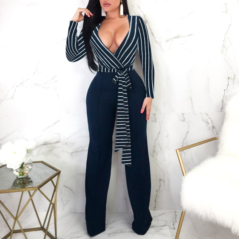 Glamaker stripe long sleeve sexy jumpsuit Women overalls deep v party playsuit Autumn wide leg winter jumpsuit jumpsuits rompers