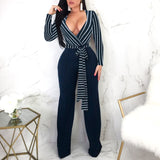 Glamaker stripe long sleeve sexy jumpsuit Women overalls deep v party playsuit Autumn wide leg winter jumpsuit jumpsuits rompers
