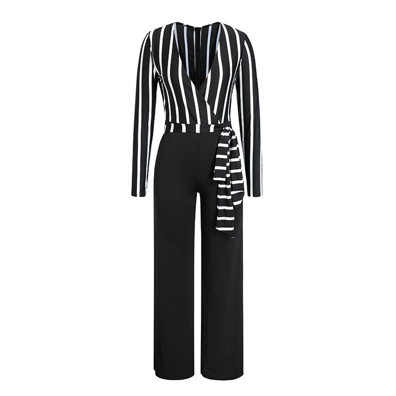 Glamaker stripe long sleeve sexy jumpsuit Women overalls deep v party playsuit Autumn wide leg winter jumpsuit jumpsuits rompers