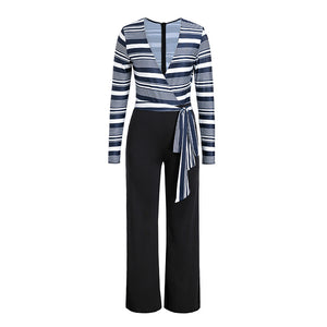Glamaker stripe long sleeve sexy jumpsuit Women overalls deep v party playsuit Autumn wide leg winter jumpsuit jumpsuits rompers
