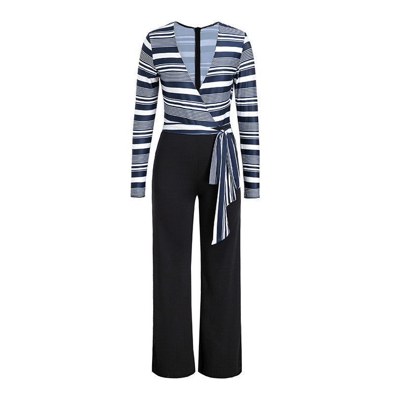 Glamaker stripe long sleeve sexy jumpsuit Women overalls deep v party playsuit Autumn wide leg winter jumpsuit jumpsuits rompers