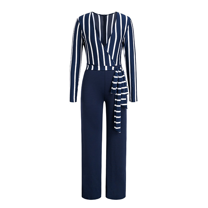 Glamaker stripe long sleeve sexy jumpsuit Women overalls deep v party playsuit Autumn wide leg winter jumpsuit jumpsuits rompers